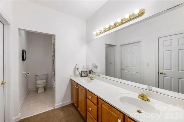 a bathroom with a double vanity sink and a toilet