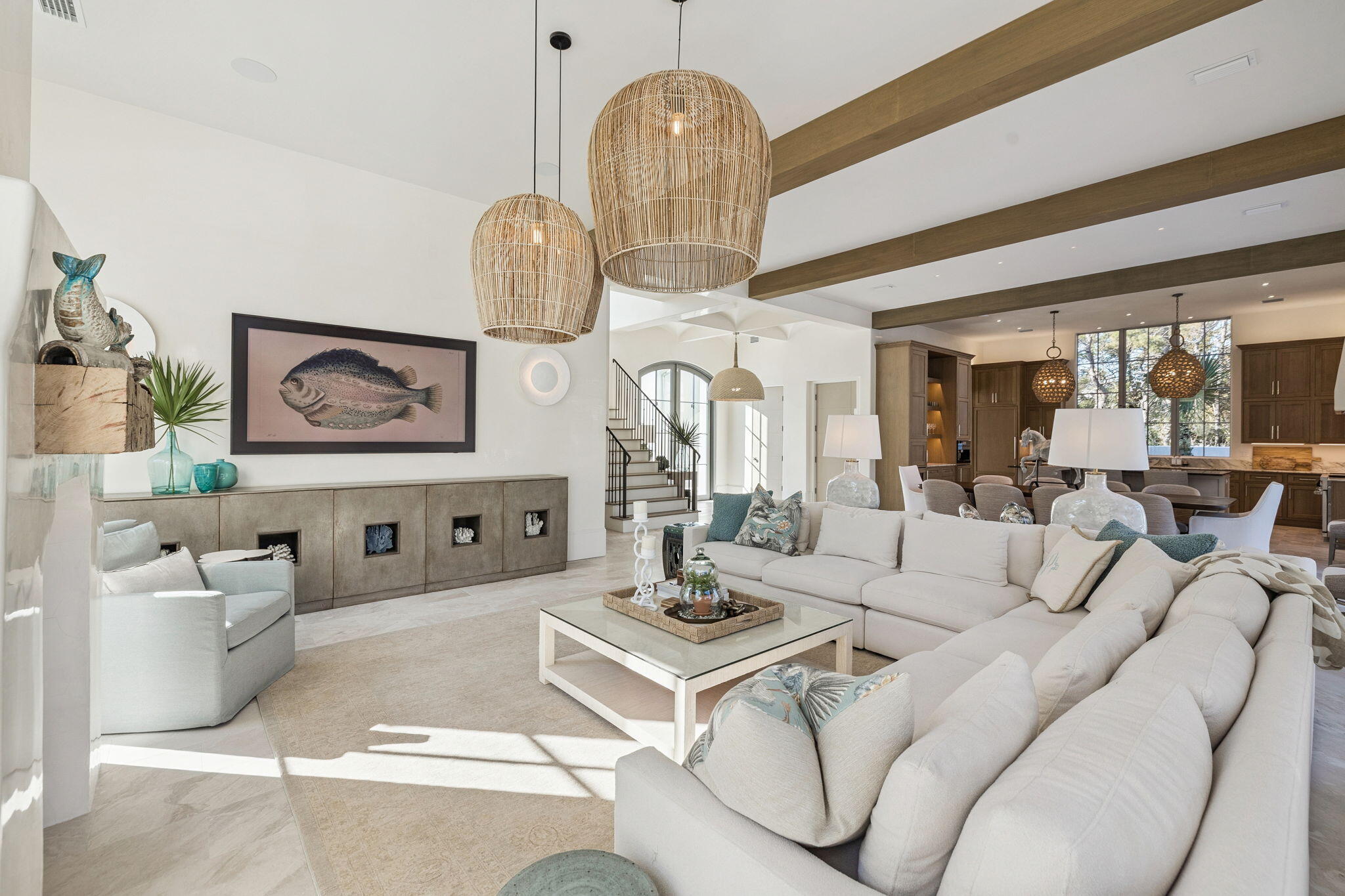 306 Walton Rose Lane Inlet Beach, FL 32461 - Photo 19 of 117 a living room with furniture a chandelier and a large mirror