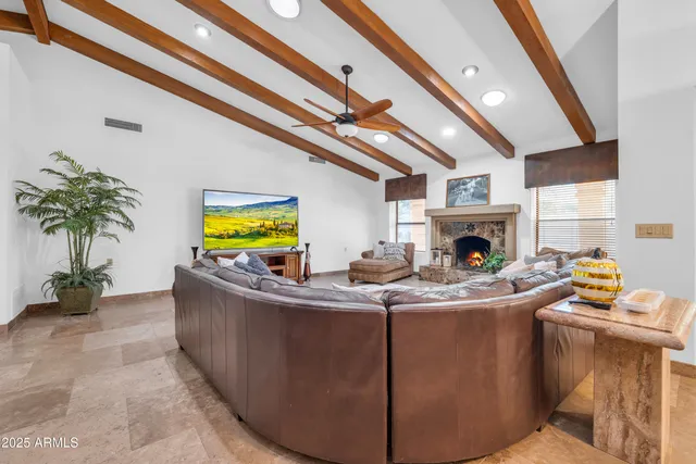 a living room with furniture a fireplace and a potted plant
