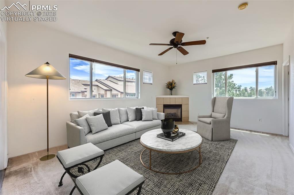 3755 Hartsock Lane, Unit 203 Colorado Springs, CO 80917 - Photo 3 of 43 a living room with furniture and a fireplace