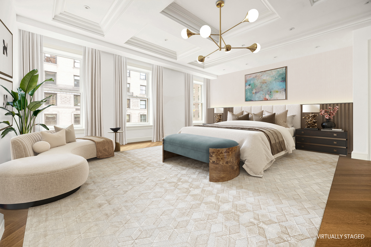 133 East 73rd Street, Unit 3 Manhattan, NY 10021 - Photo 4 of 12 a spacious bedroom with a bed a couch and a chandelier