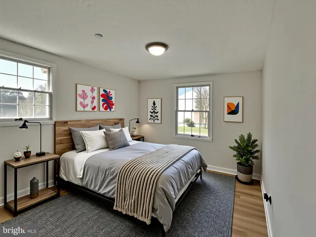 a bedroom with a bed and a potted plant