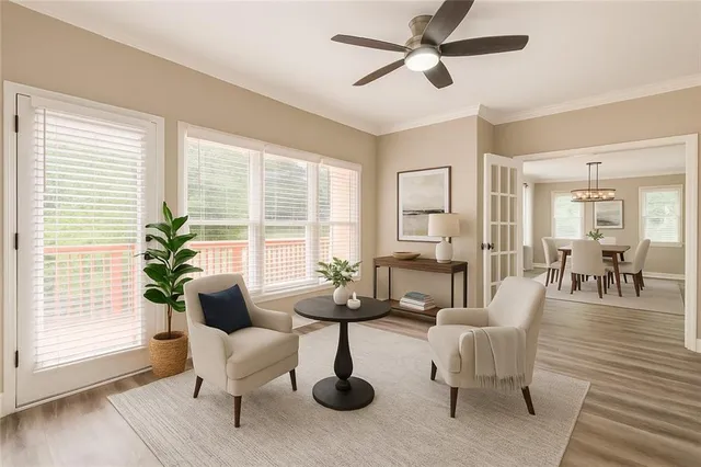 a living room with furniture and a potted plant
