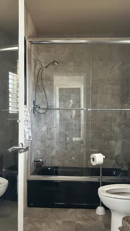 a bathroom with a sink a toilet and mirror