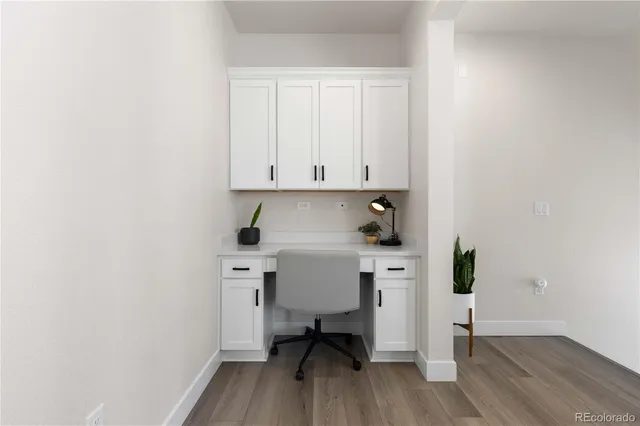 a view of workspace with wooden floor