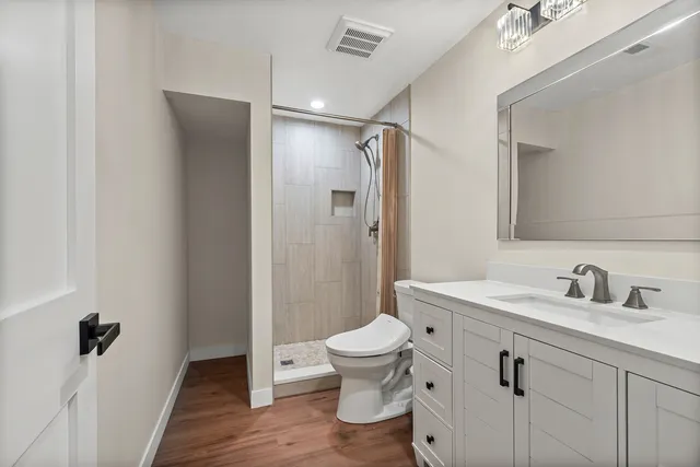 a bathroom with a sink a toilet a shower and a mirror
