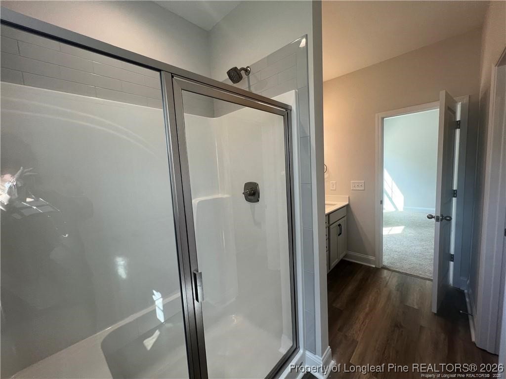 3870 Blackhills Road Fayetteville, NC 28311 - Photo 11 of 22 a bathroom with a glass door shower and a sink