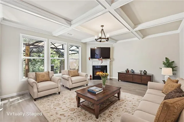 a living room with furniture a fireplace and a chandelier