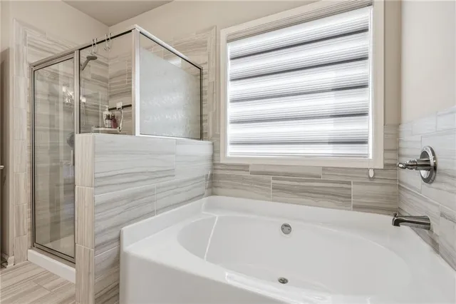 a bathroom with bathtub and a shower