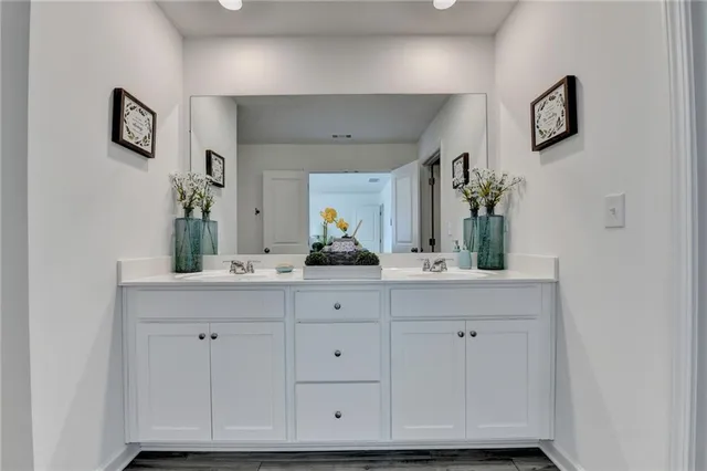 a bathroom with a sink and a mirror