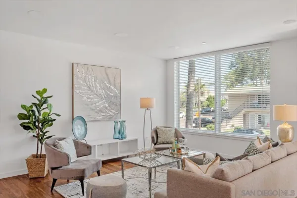 a living room with furniture a potted plant and a large window