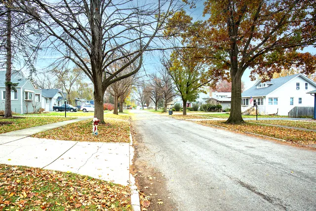 a view of street with with large trees