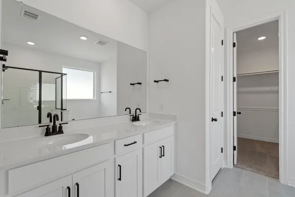 a bathroom with a double vanity sink mirror and shower