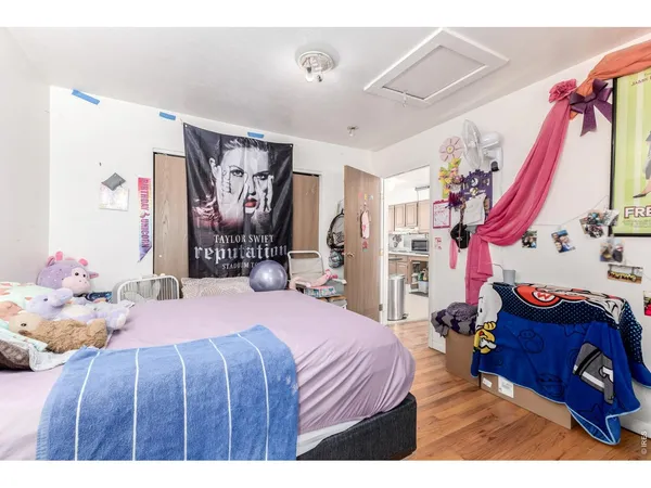 a bedroom with a bed closet and a mirror