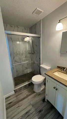 a bathroom with a sink a toilet and shower
