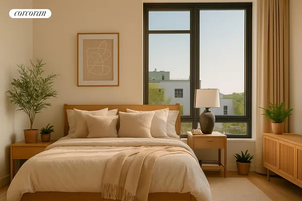 a bedroom with a large bed and a window