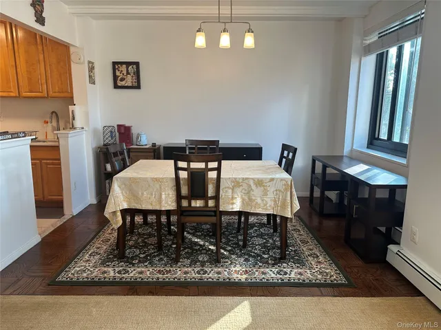 a view of a dining room with furniture