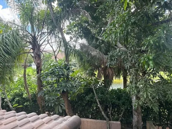 a backyard of a house with lots of trees