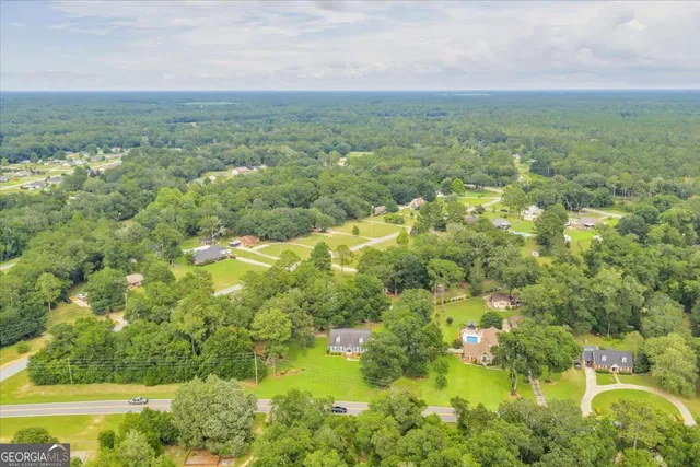 a view of a green field with lots of trees