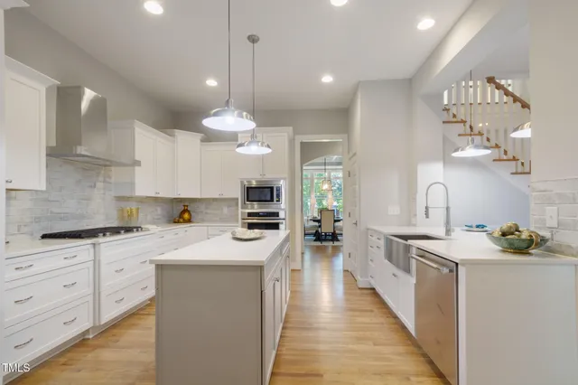 a view of a dining room with furniture