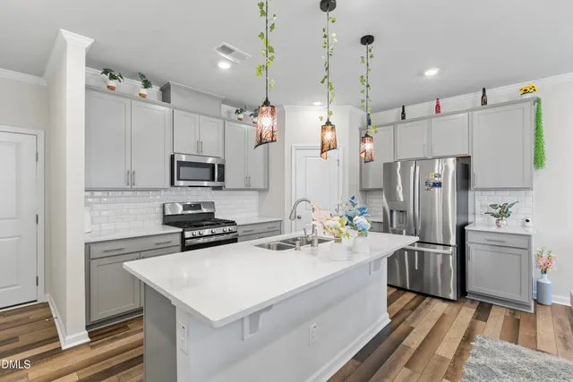 a view of a hallway with wooden floor and a potted plant