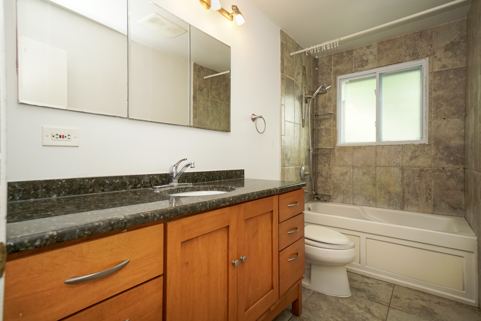 1010 North Elmhurst Road Prospect Heights, IL 60070 - Photo 6 of 15 a bathroom with a granite countertop sink a toilet and bathtub