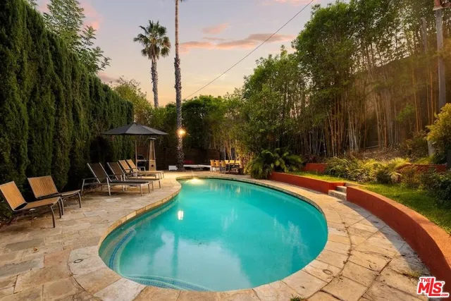 a view of a swimming pool with lounge chair