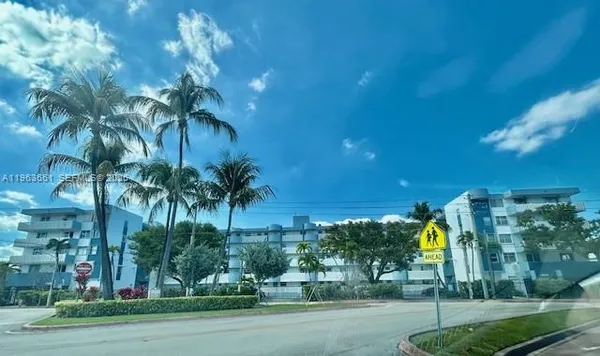 a view of a street with palm trees