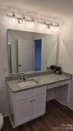 a bathroom with a granite countertop sink and white cabinets