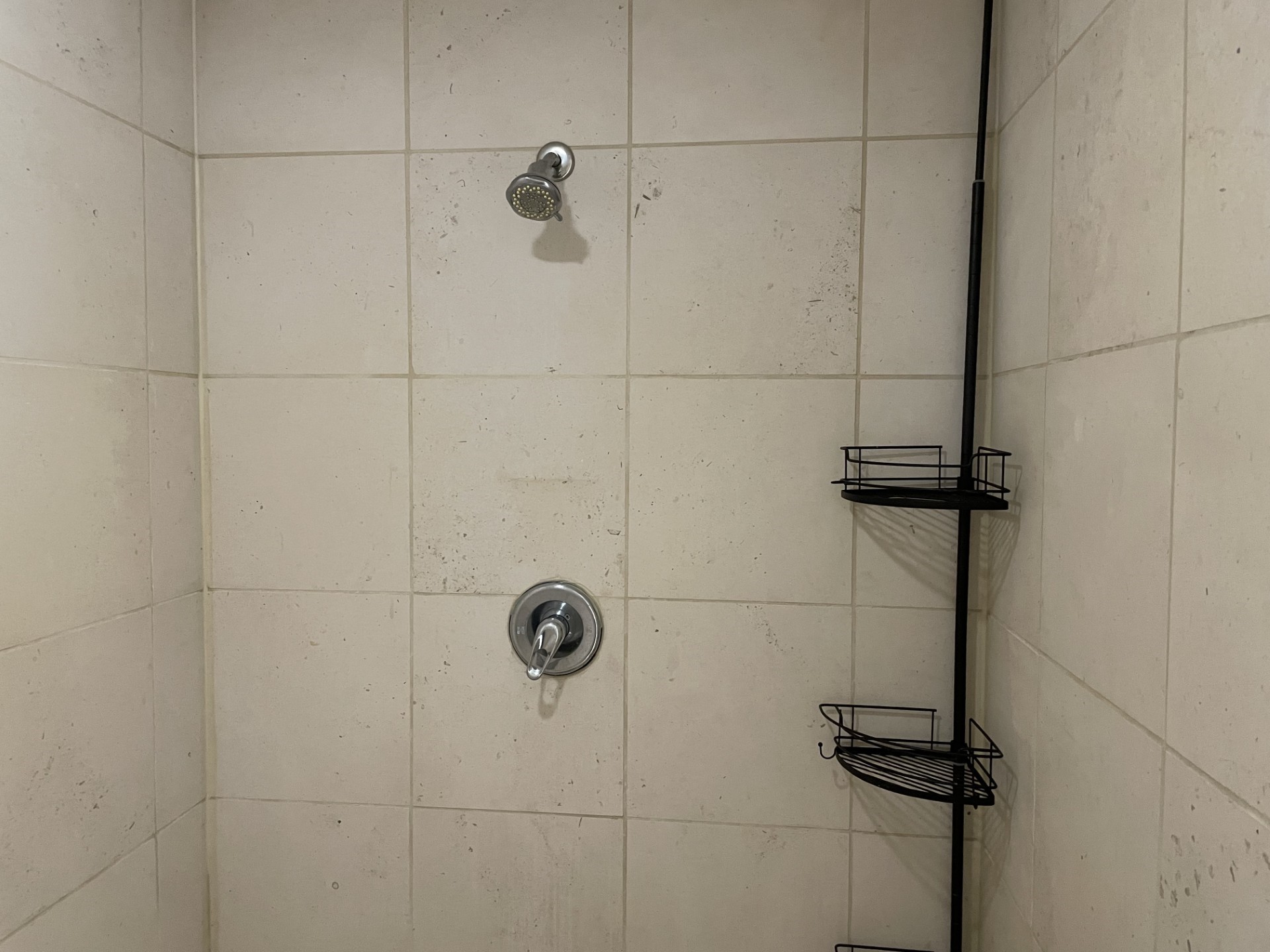 1401 Calumet Street, Unit 300 Houston, TX 77004 - Photo 21 of 31 This photo shows a tiled shower with a simple showerhead and a black metal shower caddy for storage. The tiles are light-colored, giving the shower a clean and modern look.