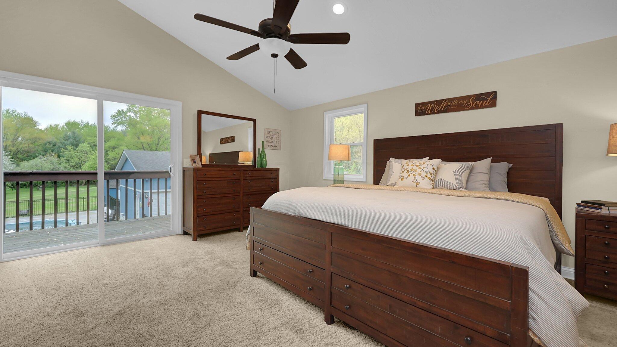 7790 Schott Road Westerville, OH 43081 - Photo 23 of 50 Bedroom #4 is an ENVIABLE owners suite! With cathedral ceilings, recessed lighting, access to a private balcony, walk-in closet, ready corner, and updated private bath, you may never want to leave this space!