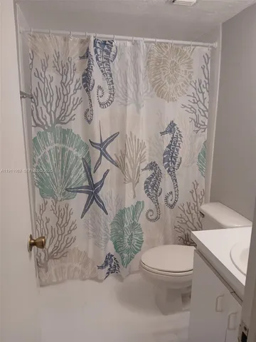 a white toilet sitting next to a shower curtain