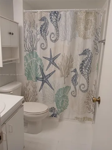 a white toilet sitting next to a shower curtain