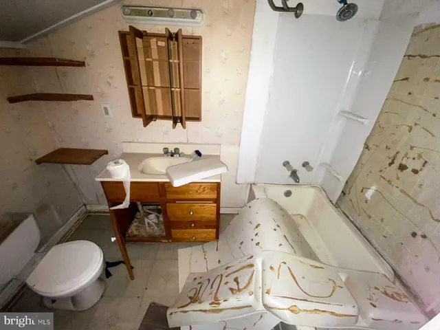 a bathroom with a sink mirror and toilet