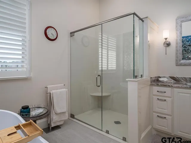 a bathroom with a shower a mirror and a sink