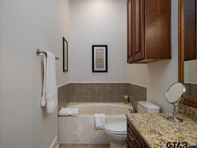 a bathroom with a granite countertop toilet a sink and bathtub