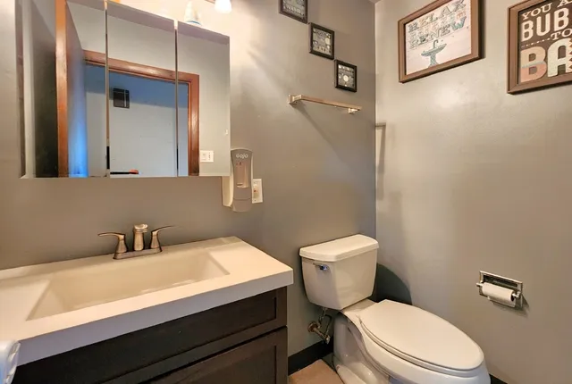 a bathroom with a sink mirror vanity and toilet