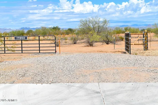 a view of a yard with wooden fence