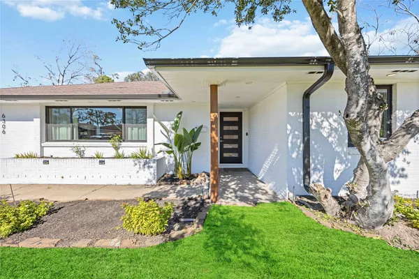a view of a house with potted plants and a large tree