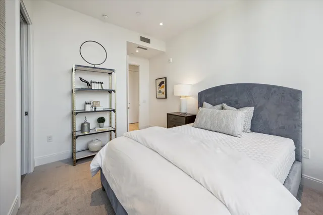 a bedroom with a bed and a closet