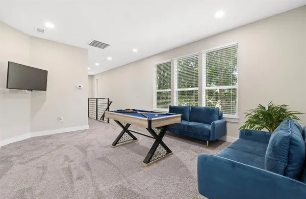 a living room with furniture and a potted plant