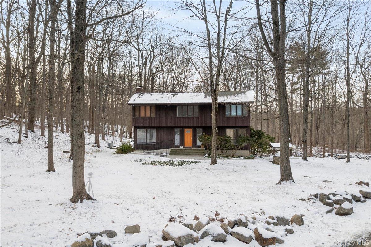a front view of a house with a yard covered in snow