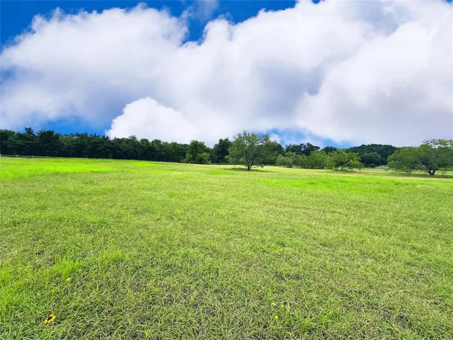 a view of a lake and green field