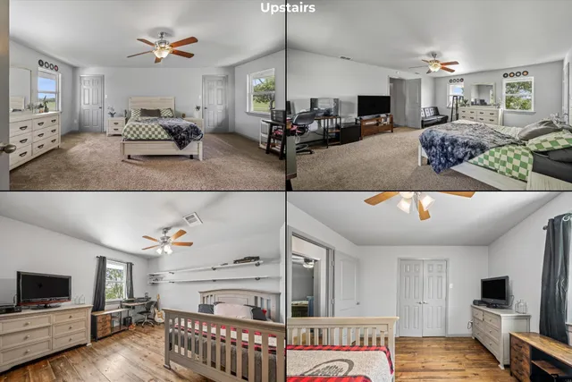 a bedroom with furniture and a chandelier