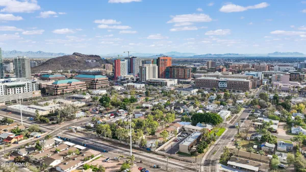 a city view with tall buildings