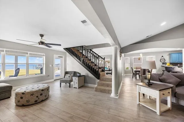 a view of a dining room with furniture window and outside view