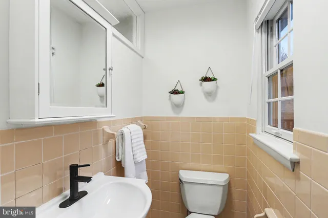 a bathroom with a sink a toilet and a mirror