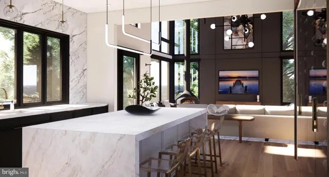 a dining room with a large window and table