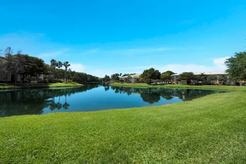 a view of a garden with a lake view