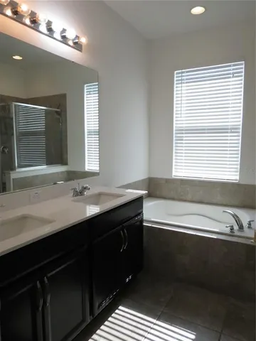 a bathroom with a sink double vanity and a bathtub